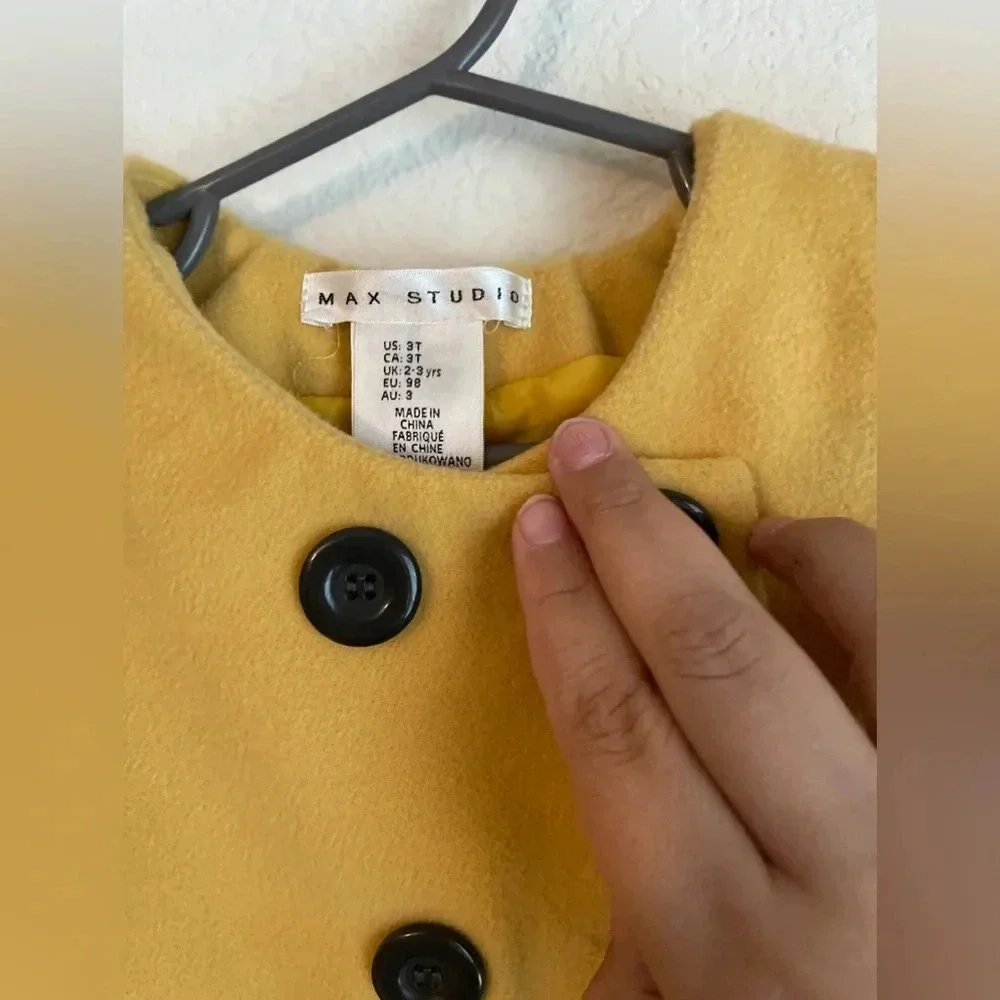 Max Studio toddler girls mustard yellow pea coat with bows on bell sleeves 3T